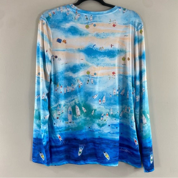 Art & Sol Amber Moran Blue Coastal Beach Boats Scene Top Blouse Sz Large - Picture 6 of 9